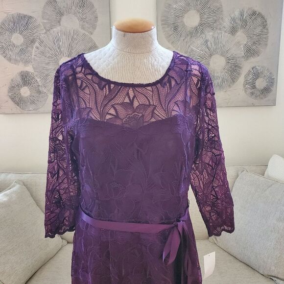 NEW! ALEX EVENINGS | Illusion Top Embroidered Tea Length Dress - [14P, purple] - Picture 4 of 13